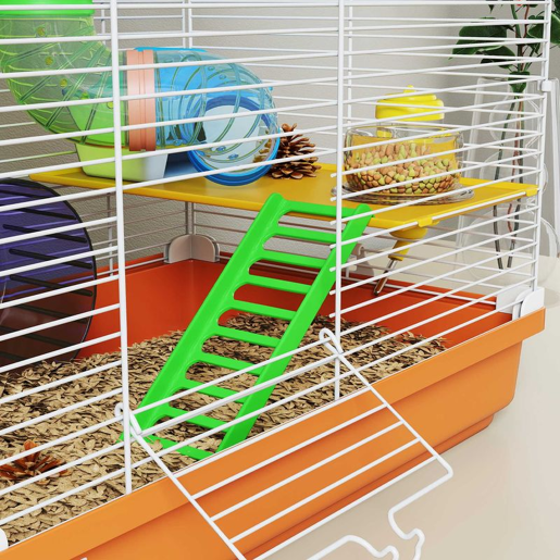 PawHut Gaiola para Hamster Casa para Hamster com Túnel Prato, Bebedouro Casinha Rampa Roda de Exercício Plataforma e Pega Bandeja Removível para Ratos e Gerbos 46x30x37 cm Laranja