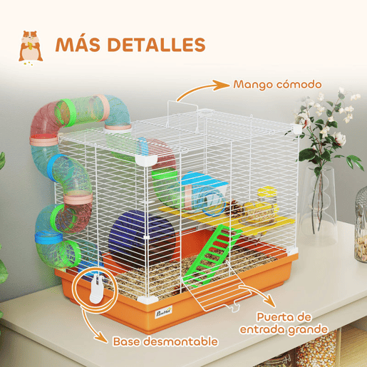 PawHut Gaiola para Hamster Casa para Hamster com Túnel Prato, Bebedouro Casinha Rampa Roda de Exercício Plataforma e Pega Bandeja Removível para Ratos e Gerbos 46x30x37 cm Laranja