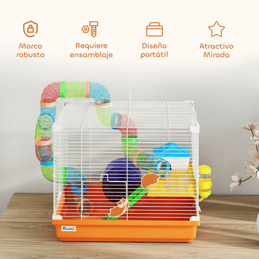 PawHut Gaiola para Hamster Casa para Hamster com Túnel Prato, Bebedouro Casinha Rampa Roda de Exercício Plataforma e Pega Bandeja Removível para Ratos e Gerbos 46x30x37 cm Laranja