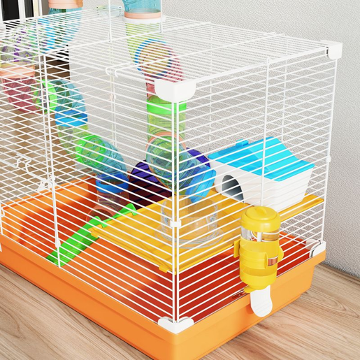 PawHut Gaiola para Hamster Casa para Hamster com Túnel Prato, Bebedouro Casinha Rampa Roda de Exercício Plataforma e Pega Bandeja Removível para Ratos e Gerbos 46x30x37 cm Laranja