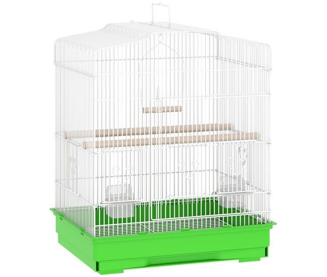 Pawhut jaula para pájaros, jaula de acero para pájaros con puertas, 2 comederos, 2 perchas, columpio, bandeja extraíble y asa de transporte, para loro, canario, periquito, 46,5x36x59 cm, verde