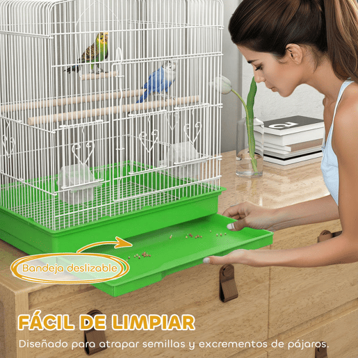 PawHut Gaiola para Pássaros, Gaiola de Aço com Portas 2 Alimentadores 2 Poleiros Baloiço Bandeja Removível e Pega de Transporte para Papagaio Canário Periquito 46,5x36x59 cm Verde