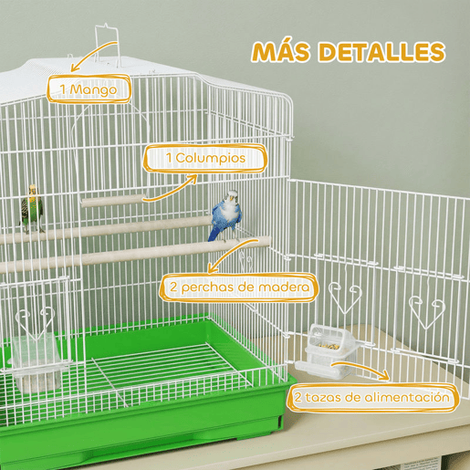 PawHut Gaiola para Pássaros, Gaiola de Aço com Portas 2 Alimentadores 2 Poleiros Baloiço Bandeja Removível e Pega de Transporte para Papagaio Canário Periquito 46,5x36x59 cm Verde