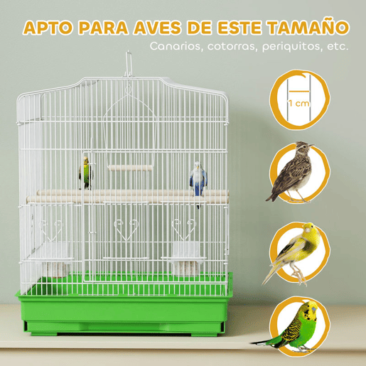 PawHut Gaiola para Pássaros, Gaiola de Aço com Portas 2 Alimentadores 2 Poleiros Baloiço Bandeja Removível e Pega de Transporte para Papagaio Canário Periquito 46,5x36x59 cm Verde