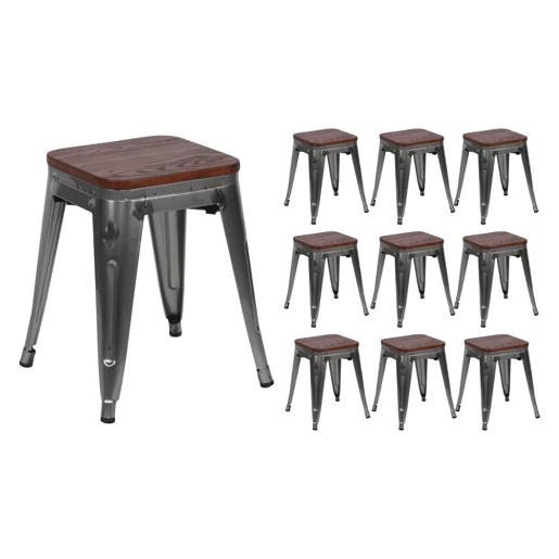Pack 10 Bancos Baixos Industriais de Aço e Madeira Thinia Home
