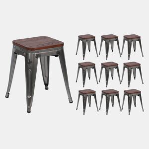 Pack 10 Bancos Baixos Industriais de Aço e Madeira Thinia Home