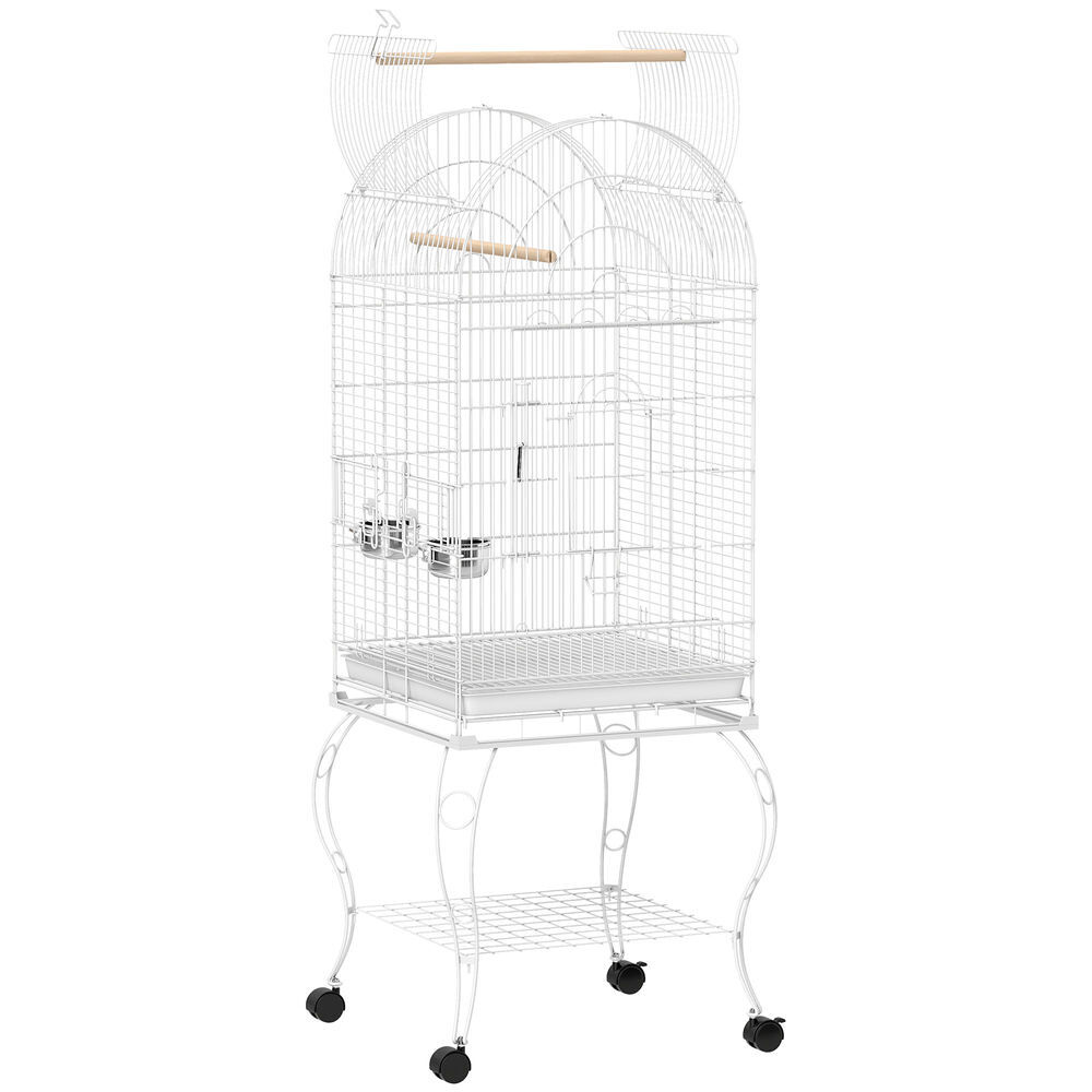 Pawhut jaula para pájaros con ruedas y estante, 51x51x153 cm, jaula grande con parte superior abatible, 2 comederos, 2 perchas, 4 puertas y bandeja extraíble, para loros y canarios, blanco