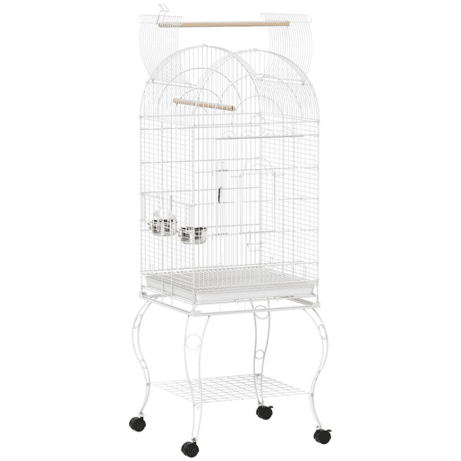 PawHut Gaiola para Pássaros com Rodas e Estante 51x51x153 cm Gaiola Grande com Parte Superior Rebatível 2 Comedouros 2 Poleiros 4 Portas e Bandeja Removível para Papagaios e Canários Branco