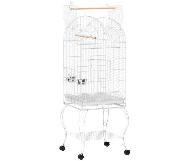 Pawhut jaula para pájaros con ruedas y estante, 51x51x153 cm, jaula grande con parte superior abatible, 2 comederos, 2 perchas, 4 puertas y bandeja
