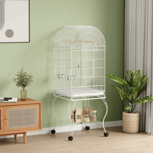 PawHut Gaiola para Pássaros com Rodas e Estante 51x51x153 cm Gaiola Grande com Parte Superior Rebatível 2 Comedouros 2 Poleiros 4 Portas e Bandeja Removível para Papagaios e Canários Branco
