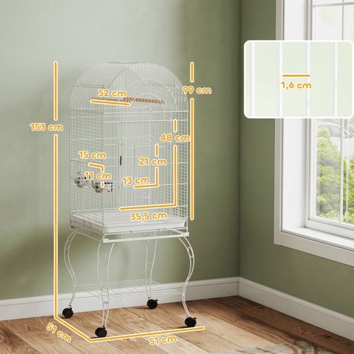 PawHut Gaiola para Pássaros com Rodas e Estante 51x51x153 cm Gaiola Grande com Parte Superior Rebatível 2 Comedouros 2 Poleiros 4 Portas e Bandeja Removível para Papagaios e Canários Branco