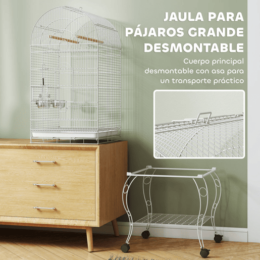 PawHut Gaiola para Pássaros com Rodas e Estante 51x51x153 cm Gaiola Grande com Parte Superior Rebatível 2 Comedouros 2 Poleiros 4 Portas e Bandeja Removível para Papagaios e Canários Branco