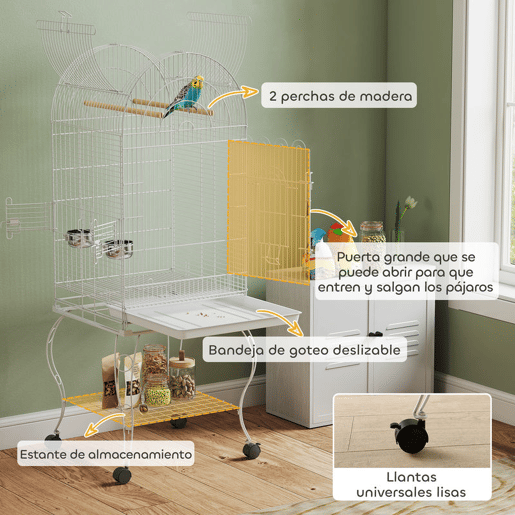 PawHut Gaiola para Pássaros com Rodas e Estante 51x51x153 cm Gaiola Grande com Parte Superior Rebatível 2 Comedouros 2 Poleiros 4 Portas e Bandeja Removível para Papagaios e Canários Branco