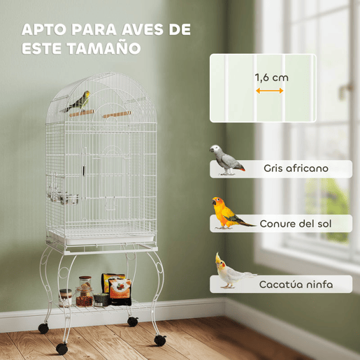 PawHut Gaiola para Pássaros com Rodas e Estante 51x51x153 cm Gaiola Grande com Parte Superior Rebatível 2 Comedouros 2 Poleiros 4 Portas e Bandeja Removível para Papagaios e Canários Branco
