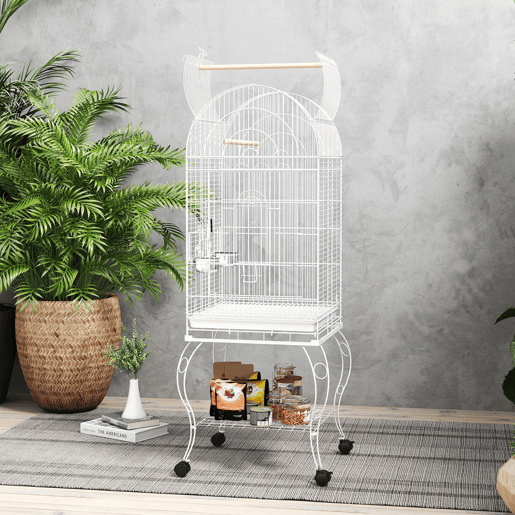 PawHut Gaiola para Pássaros com Rodas e Estante 51x51x153 cm Gaiola Grande com Parte Superior Rebatível 2 Comedouros 2 Poleiros 4 Portas e Bandeja Removível para Papagaios e Canários Branco