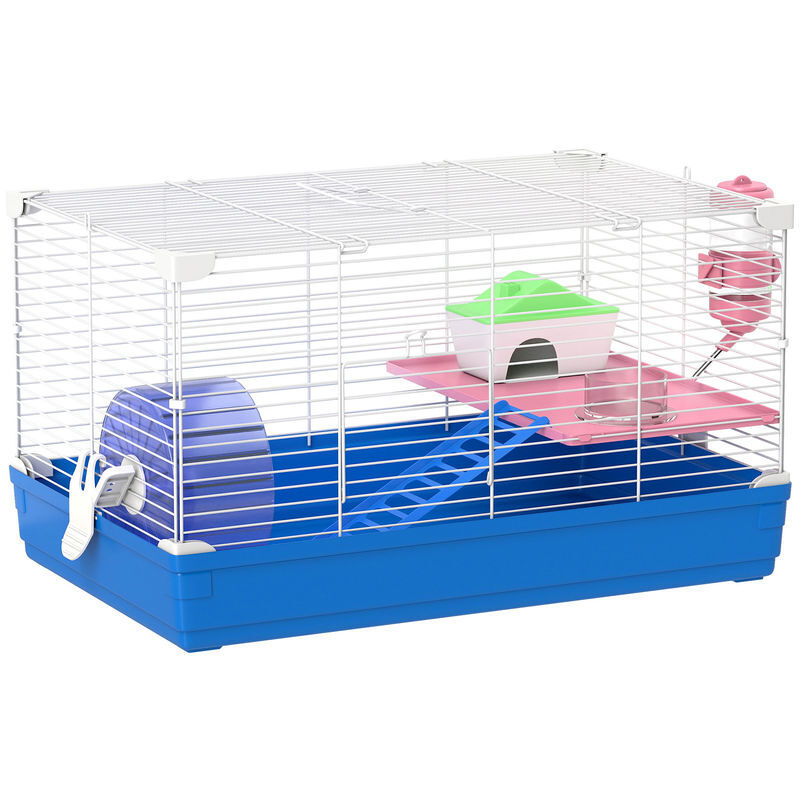Pawhut jaula para hámster, casa para roedores pequeños con rueda de ejercicio, cuenco, bebedero, casita, rampas, plataforma, bandeja extraíble, para jerbos, 47x30x27 cm, azul