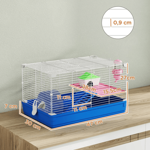 PawHut Gaiola para Hamster com Casa para Roedores Pequenos, Roda de Exercício, Tigela, Bebedouro, Casinha, Rampa, Plataforma e Bandeja Removível para Gerbos, 47x30x27 cm, Azul