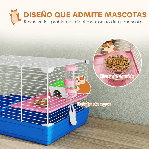 PawHut Gaiola para Hamster com Casa para Roedores Pequenos, Roda de Exercício, Tigela, Bebedouro, Casinha, Rampa, Plataforma e Bandeja Removível para Gerbos, 47x30x27 cm, Azul
