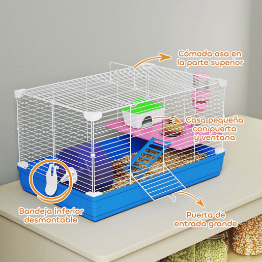 PawHut Gaiola para Hamster com Casa para Roedores Pequenos, Roda de Exercício, Tigela, Bebedouro, Casinha, Rampa, Plataforma e Bandeja Removível para Gerbos, 47x30x27 cm, Azul