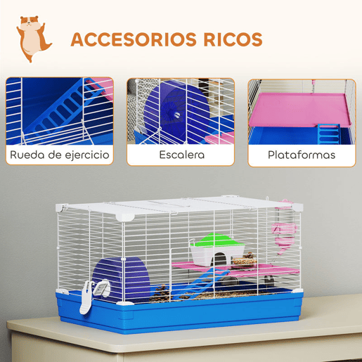 PawHut Gaiola para Hamster com Casa para Roedores Pequenos, Roda de Exercício, Tigela, Bebedouro, Casinha, Rampa, Plataforma e Bandeja Removível para Gerbos, 47x30x27 cm, Azul