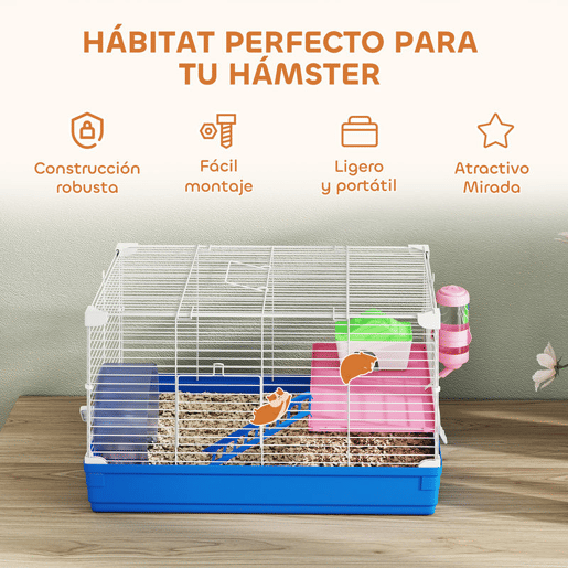 PawHut Gaiola para Hamster com Casa para Roedores Pequenos, Roda de Exercício, Tigela, Bebedouro, Casinha, Rampa, Plataforma e Bandeja Removível para Gerbos, 47x30x27 cm, Azul