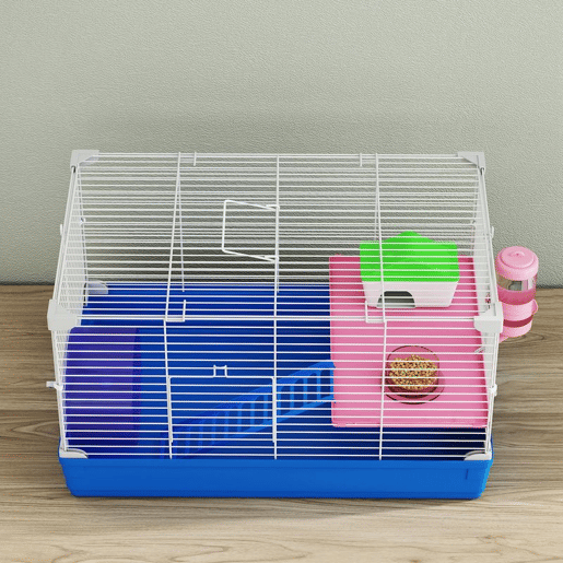 PawHut Gaiola para Hamster com Casa para Roedores Pequenos, Roda de Exercício, Tigela, Bebedouro, Casinha, Rampa, Plataforma e Bandeja Removível para Gerbos, 47x30x27 cm, Azul