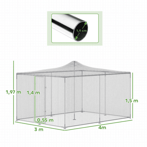 PawHut Galinheiro Grande de Exterior, 4x3x1,97 m, 12 m², para 12-18 Galinhas, Galinheiro em Aço Galvanizado, Porta com Fecho Duplo, Rede Superior em PE, Resistente às Intempéries, Walk-In, Coelheira, Prateado