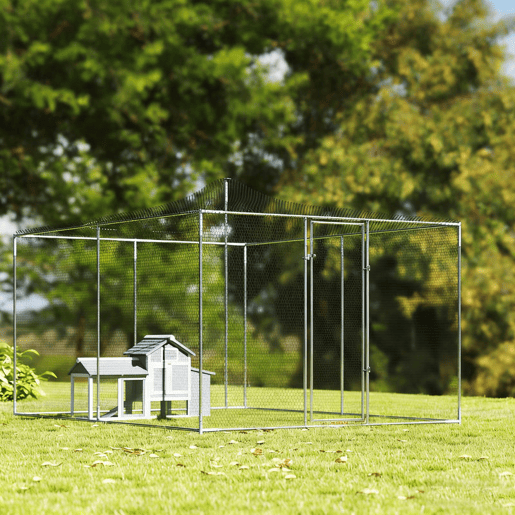 PawHut Galinheiro Grande de Exterior, 4x3x1,97 m, 12 m², para 12-18 Galinhas, Galinheiro em Aço Galvanizado, Porta com Fecho Duplo, Rede Superior em PE, Resistente às Intempéries, Walk-In, Coelheira, Prateado