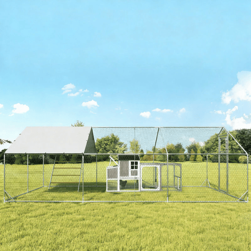 PawHut Galinheiro Grande de Exterior, 4x3x1,97 m, 12 m², para 12-18 Galinhas, Galinheiro em Aço Galvanizado, Porta com Fecho Duplo, Rede Superior em PE, Resistente às Intempéries, Walk-In, Coelheira, Prateado