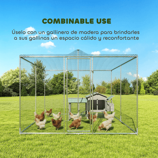 PawHut Galinheiro Grande de Exterior, 4x3x1,97 m, 12 m², para 12-18 Galinhas, Galinheiro em Aço Galvanizado, Porta com Fecho Duplo, Rede Superior em PE, Resistente às Intempéries, Walk-In, Coelheira, Prateado
