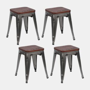 Pack 4 Bancos Baixos Industriais de Aço e Madeira Thinia Home