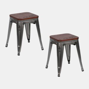 Pack 2 Bancos Baixos Industriais de Aço e Madeira Thinia Home