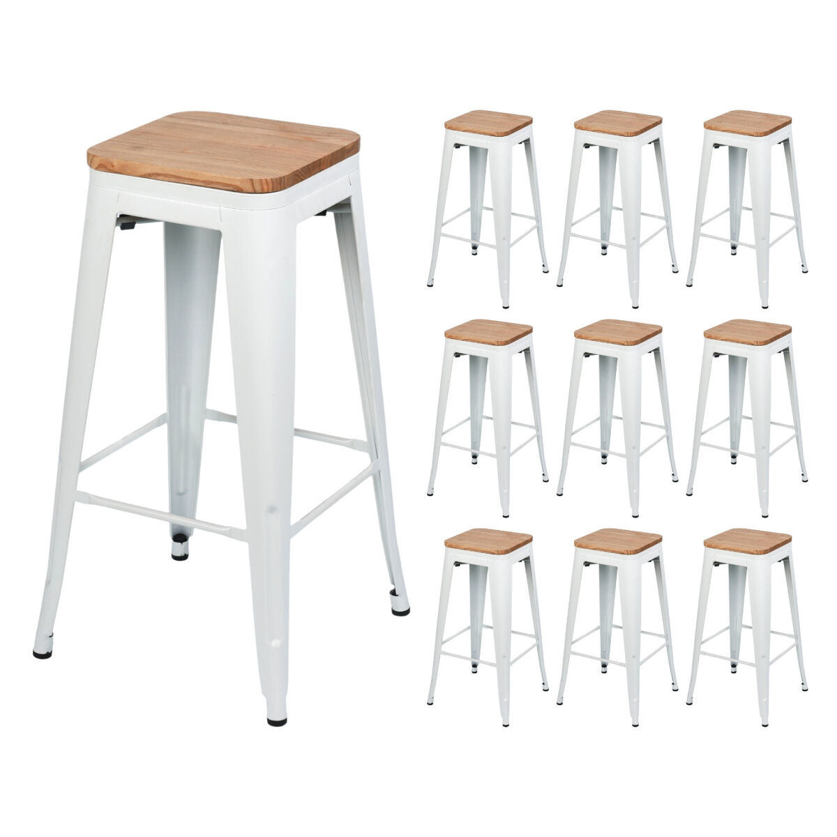 Pack 10 Taburetes Medios Industriales de Acero y Madera Thinia Home