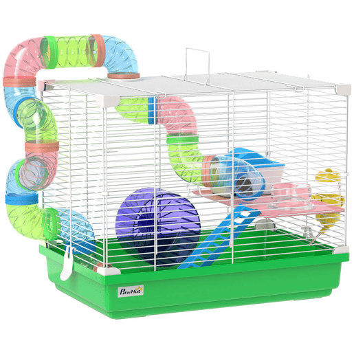 PawHut Gaiola para Hamster, Casa para Hamster com Túnel Prato, Bebedouro Casinha Rampa Roda de Exercício Plataforma e Pega Bandeja Removível para Ratos e Gerbos 46x30x37 cm Verde
