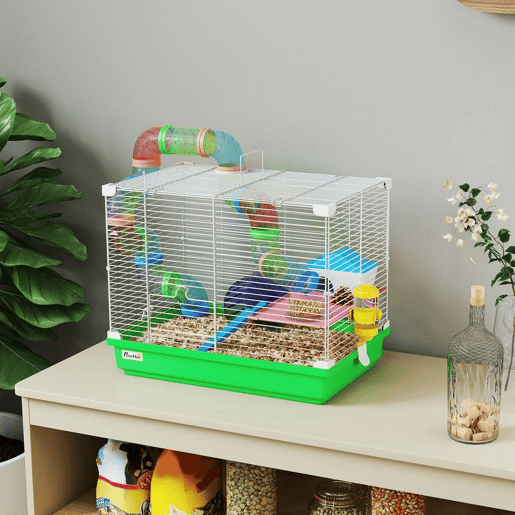 PawHut Gaiola para Hamster, Casa para Hamster com Túnel Prato, Bebedouro Casinha Rampa Roda de Exercício Plataforma e Pega Bandeja Removível para Ratos e Gerbos 46x30x37 cm Verde