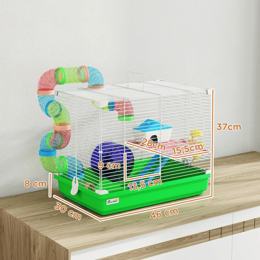 PawHut Gaiola para Hamster, Casa para Hamster com Túnel Prato, Bebedouro Casinha Rampa Roda de Exercício Plataforma e Pega Bandeja Removível para Ratos e Gerbos 46x30x37 cm Verde