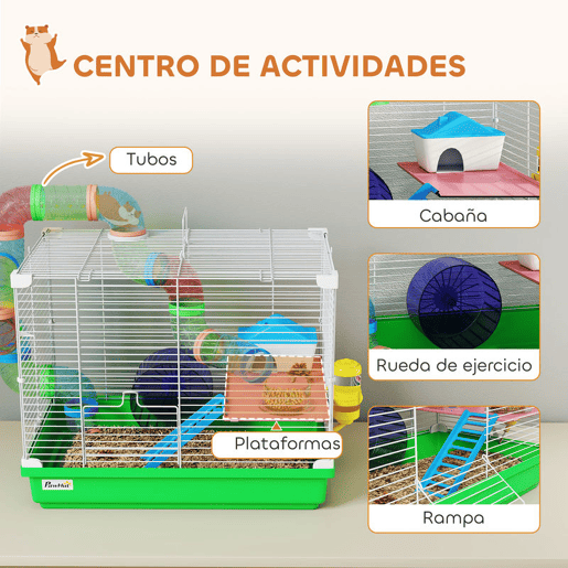 PawHut Gaiola para Hamster, Casa para Hamster com Túnel Prato, Bebedouro Casinha Rampa Roda de Exercício Plataforma e Pega Bandeja Removível para Ratos e Gerbos 46x30x37 cm Verde