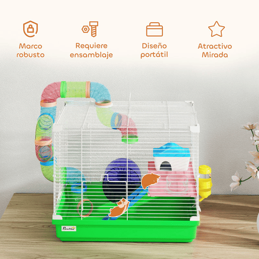 PawHut Gaiola para Hamster, Casa para Hamster com Túnel Prato, Bebedouro Casinha Rampa Roda de Exercício Plataforma e Pega Bandeja Removível para Ratos e Gerbos 46x30x37 cm Verde