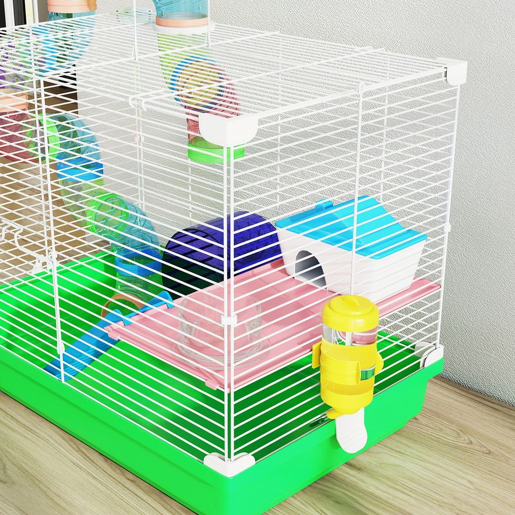 PawHut Gaiola para Hamster, Casa para Hamster com Túnel Prato, Bebedouro Casinha Rampa Roda de Exercício Plataforma e Pega Bandeja Removível para Ratos e Gerbos 46x30x37 cm Verde