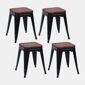 Pack 4 Bancos Baixos Industriais de Aço e Madeira Thinia Home