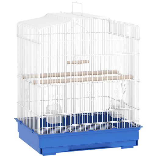 PawHut Gaiola para Pássaros, Gaiola de Aço para Pássaros com Portas 2 Recipientes, 2 Poleiros Baloiço Bandeja Removível e Pega de Transporte para Papagaio Canário Periquito 46,5x36x59 cm Azul