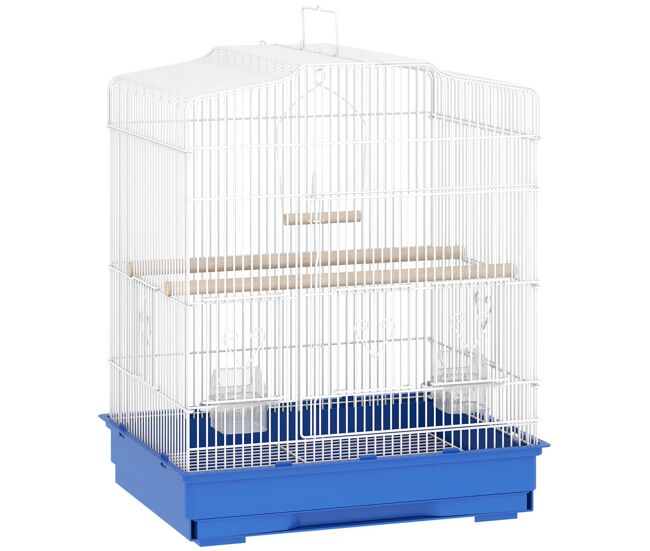 Pawhut jaula para pájaros, jaula de acero para pájaros con puertas, 2 comederos, 2 perchas, columpio, bandeja extraíble y asa de transporte, para loro, canario, periquito, 46,5x36x59 cm, azul