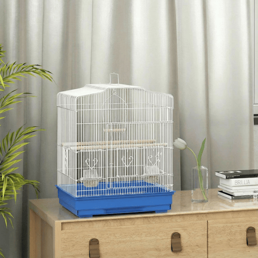 PawHut Gaiola para Pássaros, Gaiola de Aço para Pássaros com Portas 2 Recipientes, 2 Poleiros Baloiço Bandeja Removível e Pega de Transporte para Papagaio Canário Periquito 46,5x36x59 cm Azul