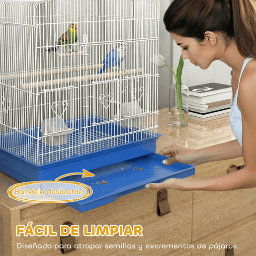 PawHut Gaiola para Pássaros, Gaiola de Aço para Pássaros com Portas 2 Recipientes, 2 Poleiros Baloiço Bandeja Removível e Pega de Transporte para Papagaio Canário Periquito 46,5x36x59 cm Azul