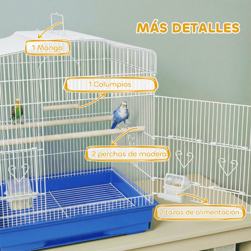 PawHut Gaiola para Pássaros, Gaiola de Aço para Pássaros com Portas 2 Recipientes, 2 Poleiros Baloiço Bandeja Removível e Pega de Transporte para Papagaio Canário Periquito 46,5x36x59 cm Azul