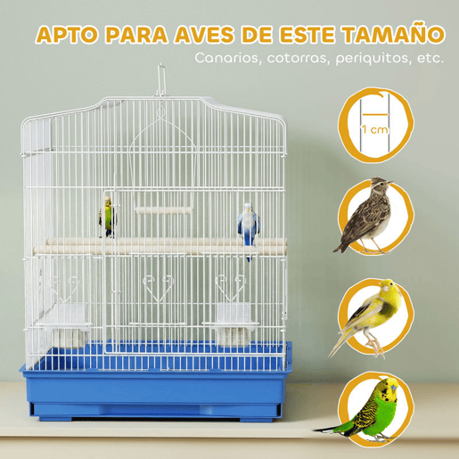 PawHut Gaiola para Pássaros, Gaiola de Aço para Pássaros com Portas 2 Recipientes, 2 Poleiros Baloiço Bandeja Removível e Pega de Transporte para Papagaio Canário Periquito 46,5x36x59 cm Azul