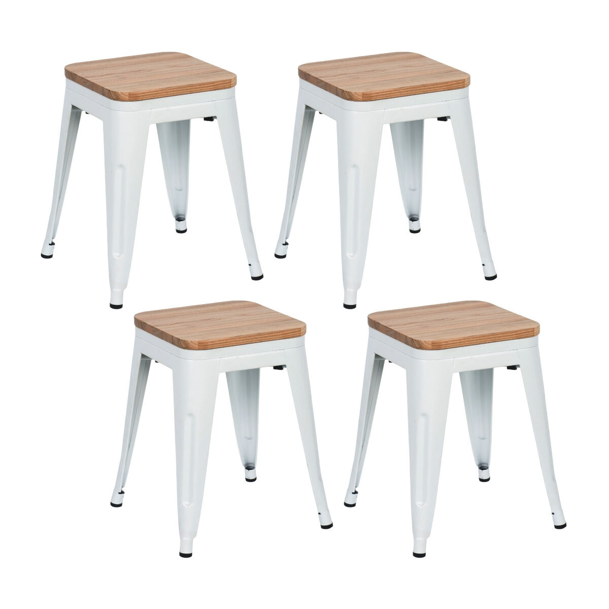 Pack 4 Taburetes Bajos Industriales de Acero y Madera Thinia Home