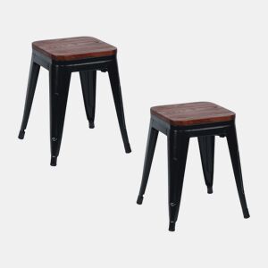 Pack 2 Bancos Baixos Industriais de Aço e Madeira Thinia Home