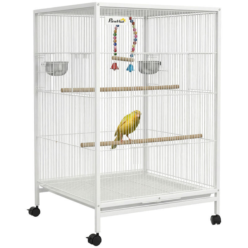 Pawhut jaula para pájaros con ruedas, pajarera de acero con perchas, columpio bandeja extraíble y cuencos de acero inoxidable, jaula grande para loros, canario, periquito, 48x46x78 cm, blanco
