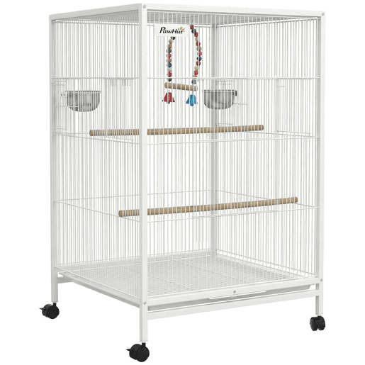 PawHut Gaiola para Pássaros com Rodas Gaiola de Aço com Poleiros Baloiço Bandeja Removível e Tigelas de Aço Inoxidável Grande para Papagaios Canários Periquitos 48x46x78 cm Branco